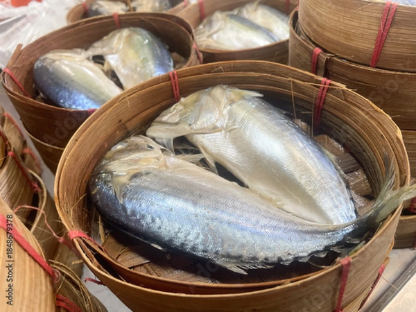 Obraz Fresh thai mackerel in blamboo basket