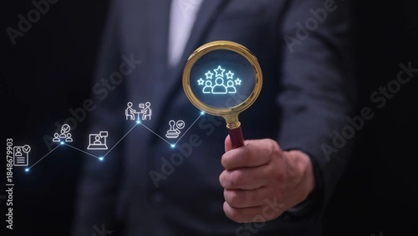 Obraz Focused HR process optimization with businessman holding magnifying glass analyzing recruitment data