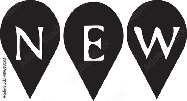Fototapeta Black and white illustration of the word 'New' in three distinct pointers on a transparent background
