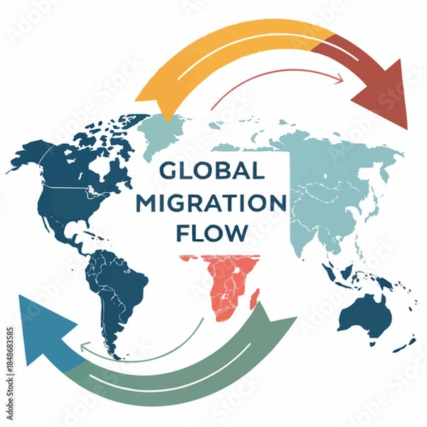 Obraz Global migration flow infographic with curved arrows and simplified world map
