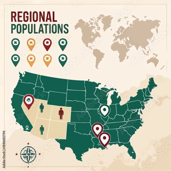 Obraz Regional population comparison infographic with map markers and icon‑based statistics
