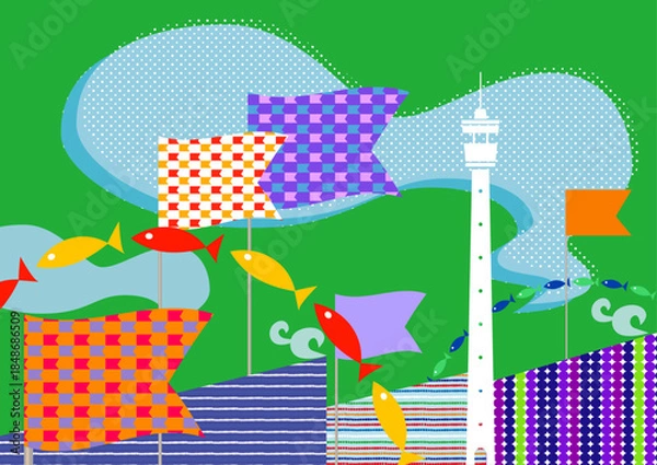 Obraz 海のイラスト 旗と魚 シンプルな灯台