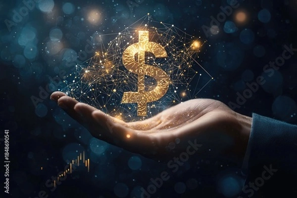 Fototapeta Hand holding dollar sign with glowing golden graph and digital network on dark background for financial growth concept