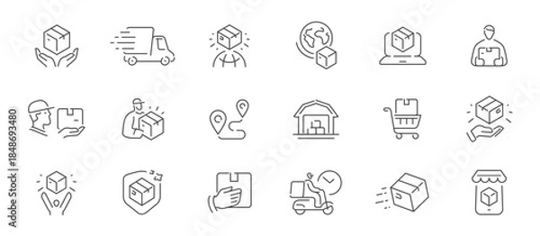 Obraz Delivery service icon set. Logistics, moving sign. Order tracking, courier and cargo symbols