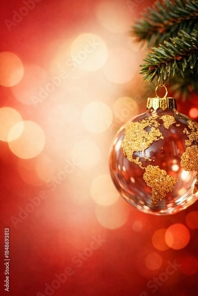Fototapeta Professional quality glass Christmas ornament showing a gold world map, celebrating global holidays, perfect for commercial projects, corporate greetings