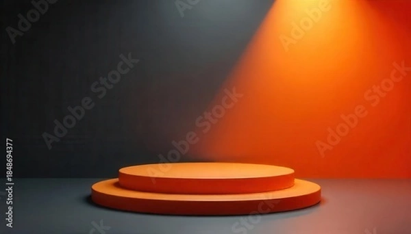 Fototapeta Sleek orange podium, spotlight dramatic shadow , simple, reflective