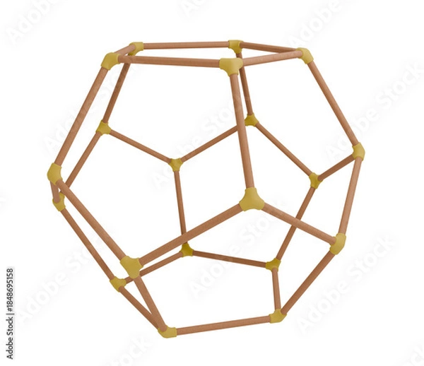 Fototapeta realistic 3d render of a wooden dodecahedron frame. geometric platonic solid with pentagon faces and yellow connectors. isolated educational math model.