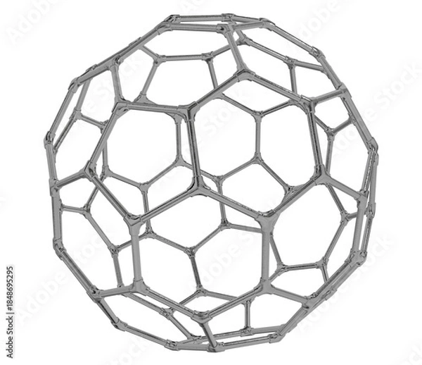 Fototapeta realistic 3d render of a metallic geodesic sphere or buckyball structure. shiny steel fullerene molecule model isolated for chemistry science or nanotechnology.
