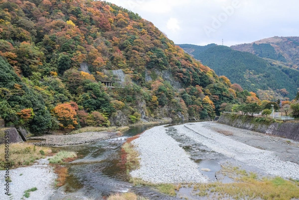 Obraz 三保ダムから見た河内川と紅葉した山々