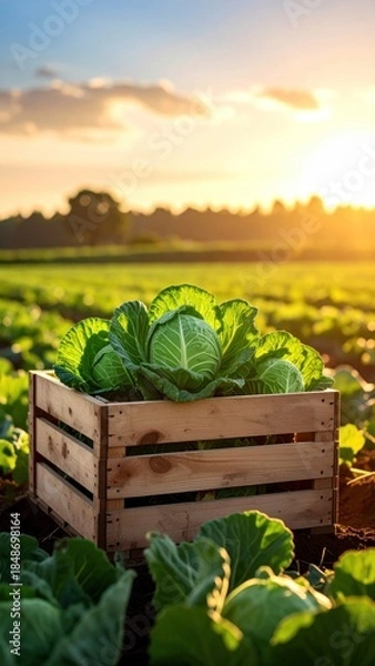 Obraz Cabbage in crate at sunset.