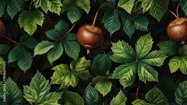 Obraz Seamless Green Leaf and Chestnut Pattern Background