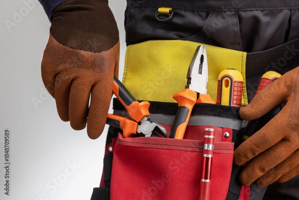 Obraz electrician taking plier from tools belt.