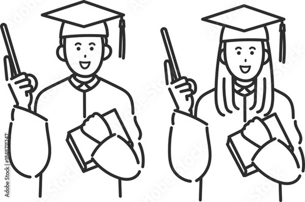Fototapeta アカデミックレガリアを着て指示棒を持つ男女のイラスト素材セット　線画のみ