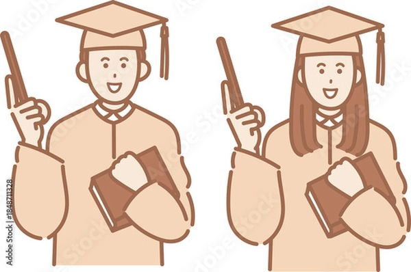 Fototapeta アカデミックレガリアを着て指示棒を持つ男女のイラスト素材セット