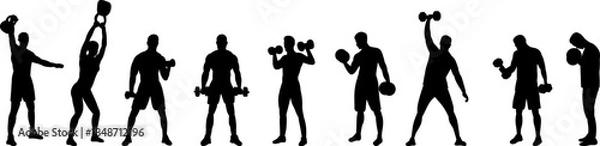 Obraz Silhouette of a man with dumbbells, swinging, training set vector
