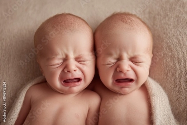 Obraz Two crying newborn babies lying close together.
