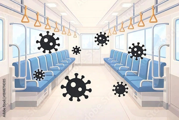 Obraz 電車内に浮遊するウイルスを表現したフラットイラスト。感染症・公衆衛生・注意喚起用途