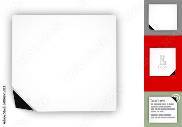 Obraz élément graphique, cadre pour texte, carré blanc en relief avec flèche noire dans un coin, template - rendu 3D, sur fond transparent