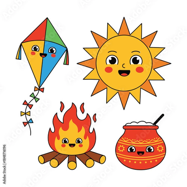 Obraz Joyful cultural festival elements: kite, sun, bonfire, and traditional pot illustration