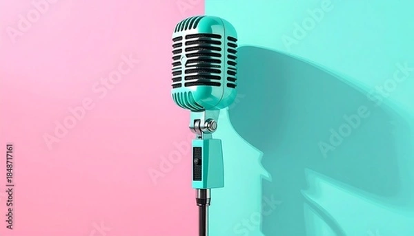 Obraz Retro teal microphone on pastel split background.
