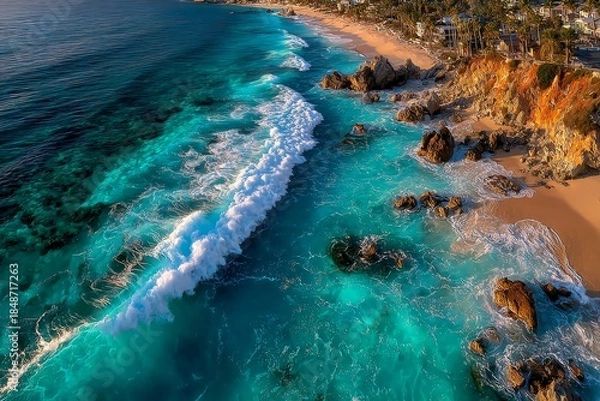 Fototapeta Aerial view of turquoise waters meeting sandy shores. Generative AI