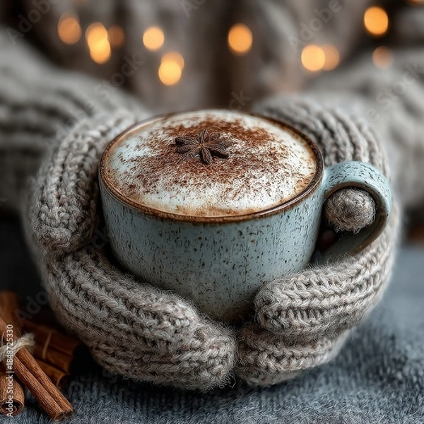 Fototapeta Close-up of hands holding a steaming cup of cappuccino. Generative AI