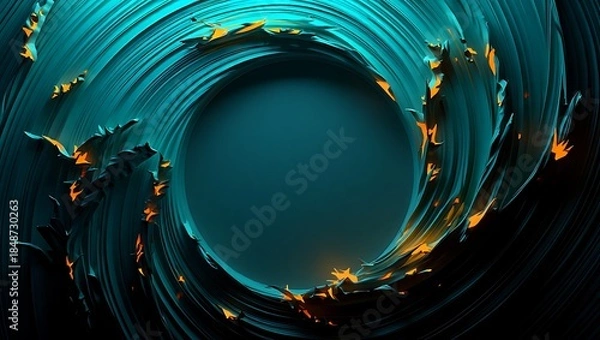Obraz Luxury Abstract Circular Fluid Art with Teal Swirling Waves and Golden Accents