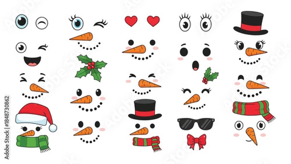 Obraz Cute Snowman Face Elements Set with Carrot Noses, Eyes, Hats and Holiday Accessories,  Set of funny cartoon snowman.