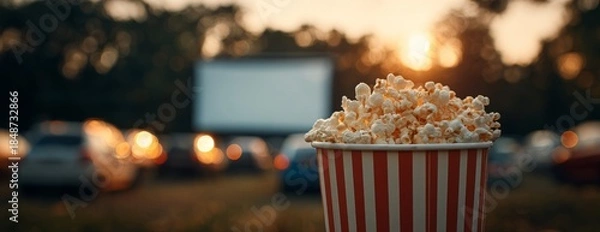 Fototapeta Popcorn in striped bucket in front of outdoor movie screen at sunset  