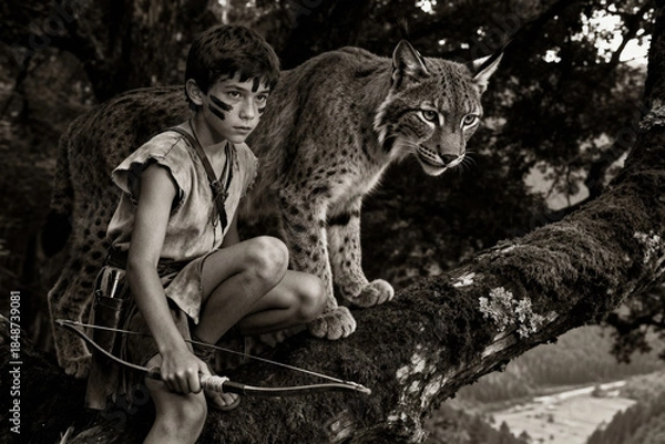 Fototapeta A feral boy with a bow and his lynx companion watch from a tree. A timeless, monochrome concept of wilderness, friendship, and survival.