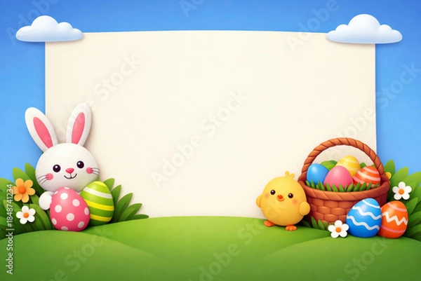 Obraz Easter Scene with Bunny Chick and Eggs