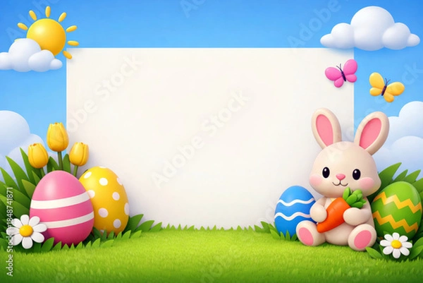 Obraz Easter Bunny with Eggs and Blank Sign