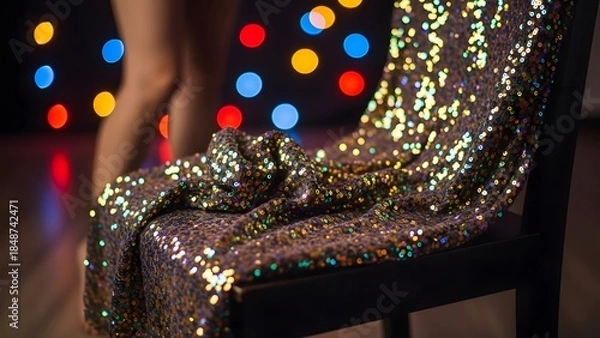 Fototapeta Close-up of sequined dress draped on chair, person’s legs in background, colorful party lights with bokeh, "after-party" mood, festive and cinematic atmosphere