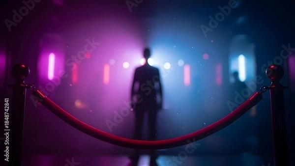 Fototapeta A silhouette of a person standing behind a red velvet rope in a dark club. Purple and blue ambient lighting, mysterious and alluring.
