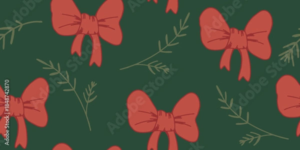 Obraz Festive Red Bows and Pine Needles Holiday Pattern