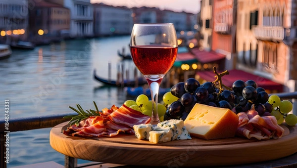 Obraz  Luxury wine and charcuterie on a Venetian canal terrace at sunset