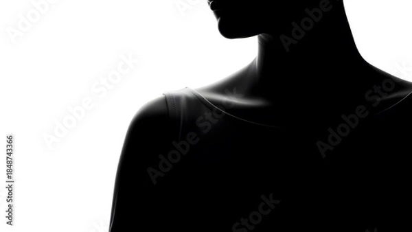 Fototapeta Silhouette of Female against white background, abstract shape emphasizing shoulder and jawline curves, high-contrast minimalist fine art, modern artistic portrait