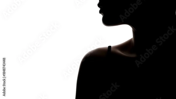 Fototapeta A Girls' silhouette against a stark white background, creating an abstract shape. Only the curve of the shoulder and jawline are defined, high-contrast, minimalist fine art.