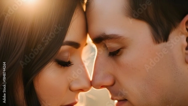 Fototapeta Close-up of couple’s faces with foreheads touching, eyes closed, soft warm backlight, detailed eyelashes and skin texture, deeply emotional and intimate moment