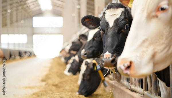 Obraz Calm holstein cow eating in sunlit modern dairy barn