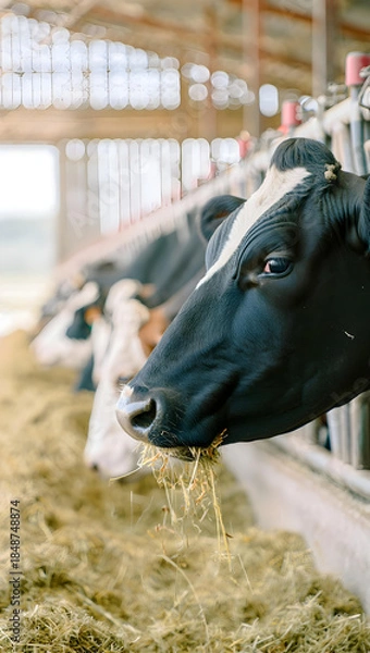 Obraz Calm holstein cow eating in sunlit modern dairy barn