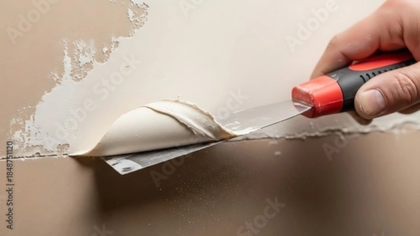 Obraz Eliminating old paint from plastered surface using a metallic spatula