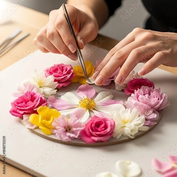 Obraz Floral Design Composition with Woman Arranging Beautiful Flower Circle