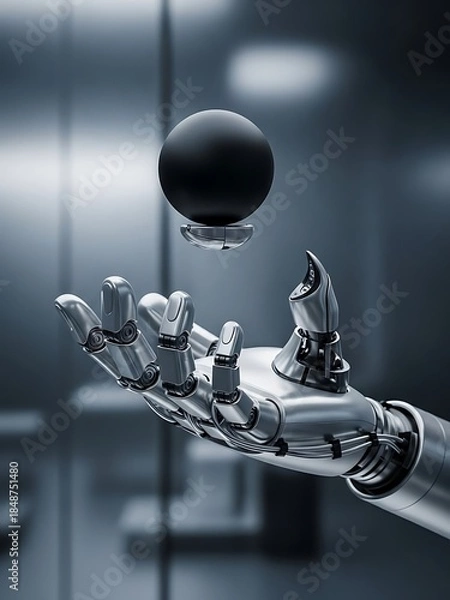 Obraz Futuristic robot hand manipulation floating sphere in sterile environment