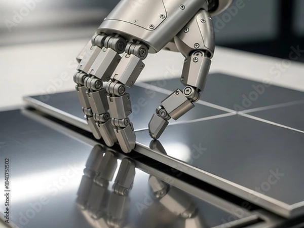 Obraz Futuristic Robot Arm Touching Solar Panel, Innovation and Progress theme