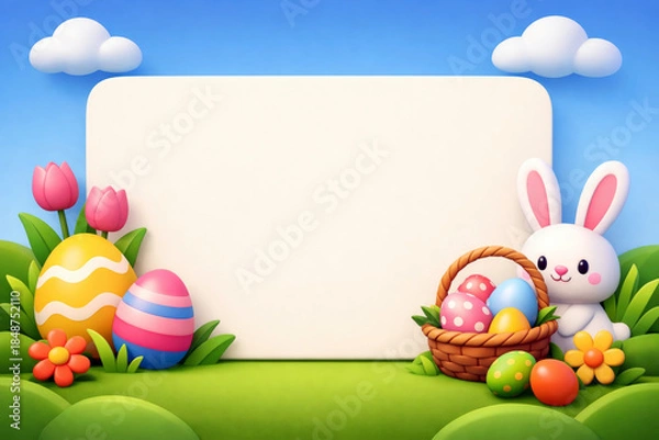 Obraz Cute Easter Bunny with Colorful Eggs and Blank Card