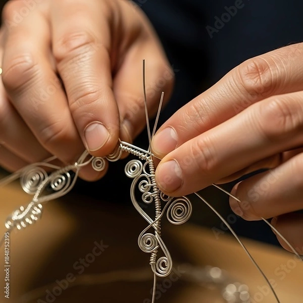 Obraz Hands shaping delicate silver wire jewelry with intricate design elements