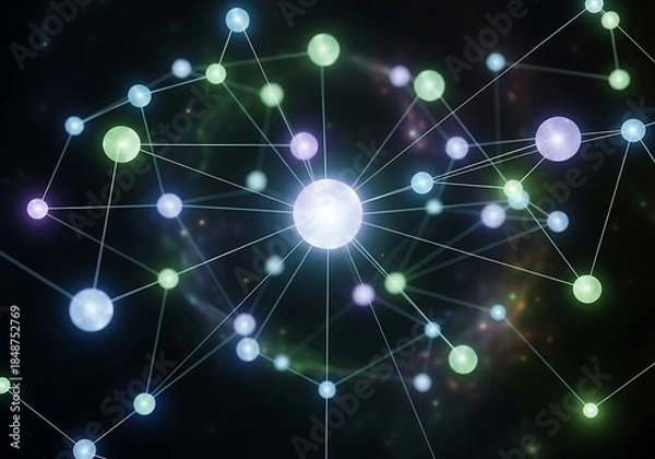 Obraz Interconnected Network of Luminous Spheres Against Dark Backdrop Radiating Light