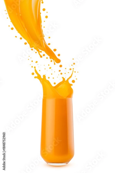 Obraz Pulpy mango juice or carrot juice stream of juice flowing into glass with flying drops, splashing isolated. Energy vitamin vegetable, fruit cocktail for healthy fitness meny, diet, wholesome cuisine.