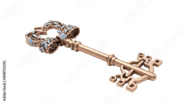 Obraz Ornate golden key with blue leaf accents isolated PNG, vintage style antique skeleton key for fantasy and historical designs